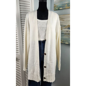 No Brand White Button Cardigan V-Neck Size L Brown Buttons Ribbed Knit